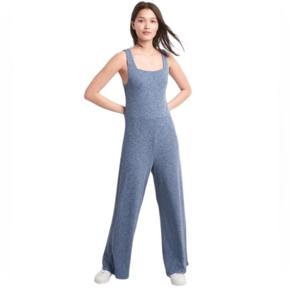 GAP Blue Stretch Knit Ribbed Softspun Square-Neck Summer Casual Jumpsuit Size M - Picture 1 of 9